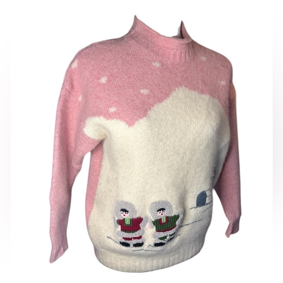 Benetton Vintage Shetland Wool Sweater Eskimo and Igloo figures made in Italy- S - Picture 3 of 16